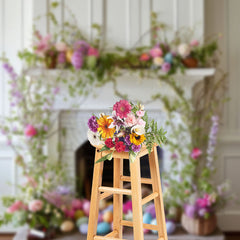 Aperturee - White Fireplace Egg Leaves Easter Backdrop For Photo