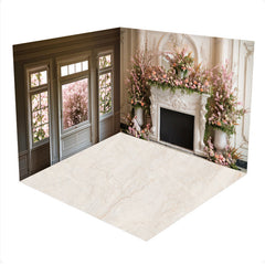 Aperturee - White Fireplace Pink Floral Sping Window Room Set