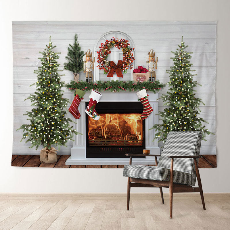 Aperturee - White Fireplace Red Wreath Toy Christmas Backdrop