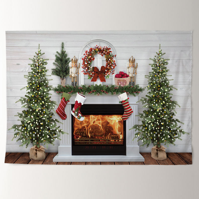 Aperturee - White Fireplace Red Wreath Toy Christmas Backdrop