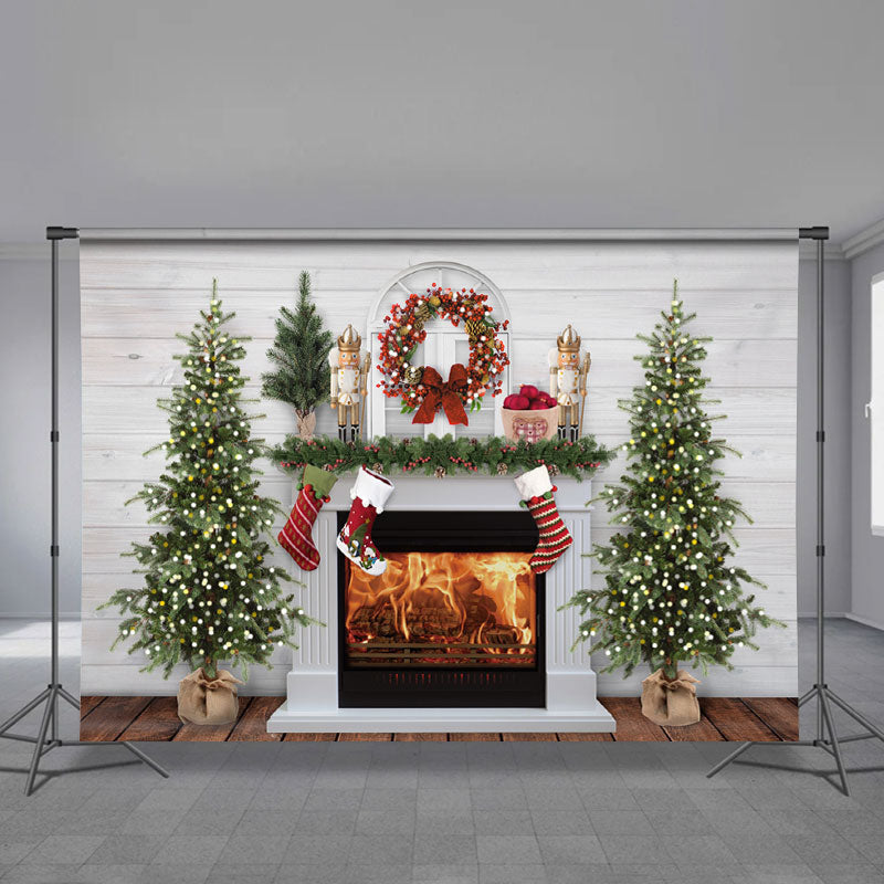 Aperturee - White Fireplace Red Wreath Toy Christmas Backdrop