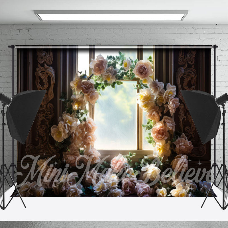 Aperturee - White Floral Arch Vintage Window Flower Backdrop