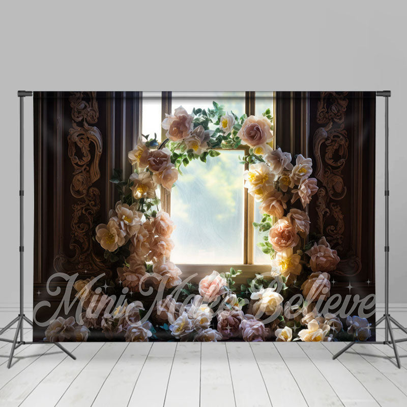 Aperturee - White Floral Arch Vintage Window Flower Backdrop