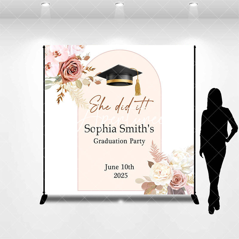 Aperturee - White Floral Bachelor Cap Custom Grad Party Backdrop