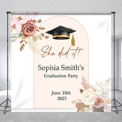 Aperturee - White Floral Bachelor Cap Custom Grad Party Backdrop