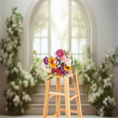 Aperturee - White Floral Balcony Window Stairs Spring Backdrop