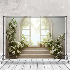 Aperturee - White Floral Balcony Window Stairs Spring Backdrop