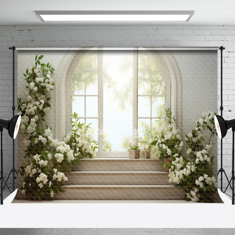 Aperturee - White Floral Balcony Window Stairs Spring Backdrop