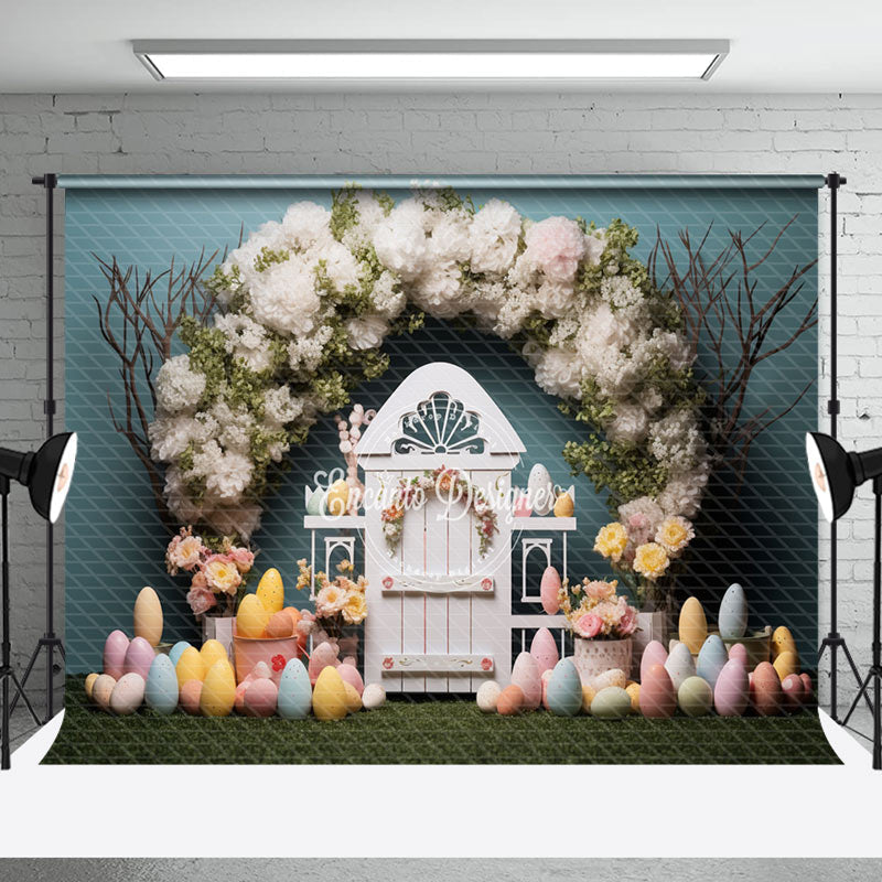 Aperturee - White Floral Door Colorful Egg Easter Photo Backdrop