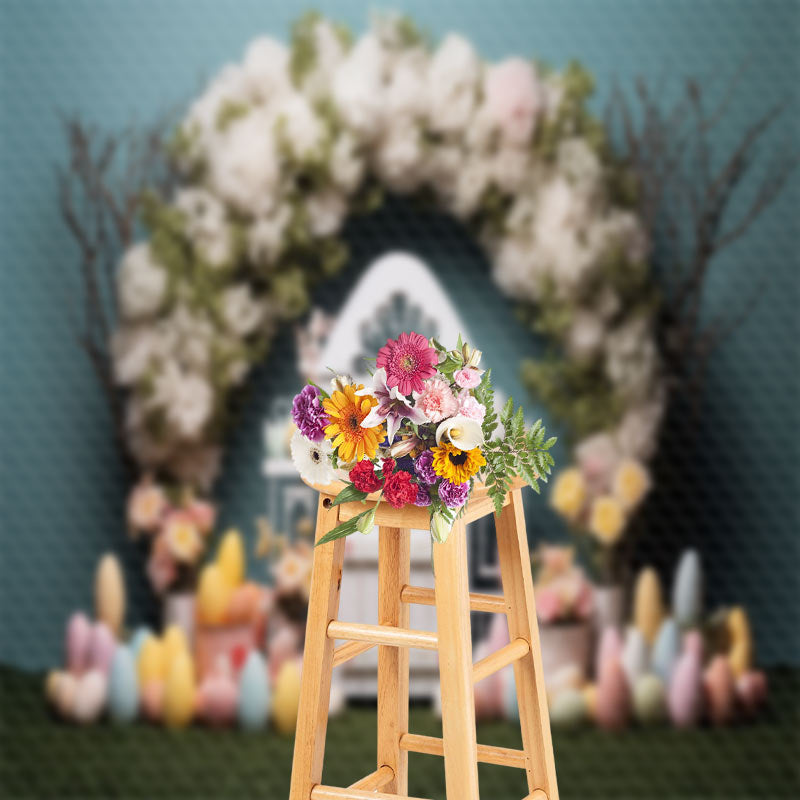 Aperturee - White Floral Door Colorful Egg Easter Photo Backdrop