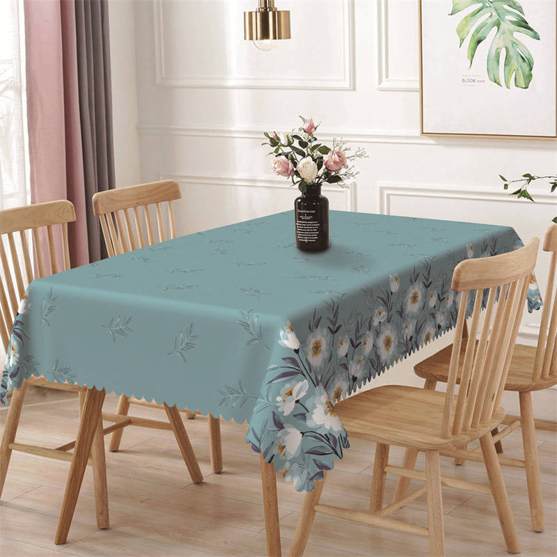 Aperturee - White Floral Green Leaves Repeat Rectangle Tablecloth