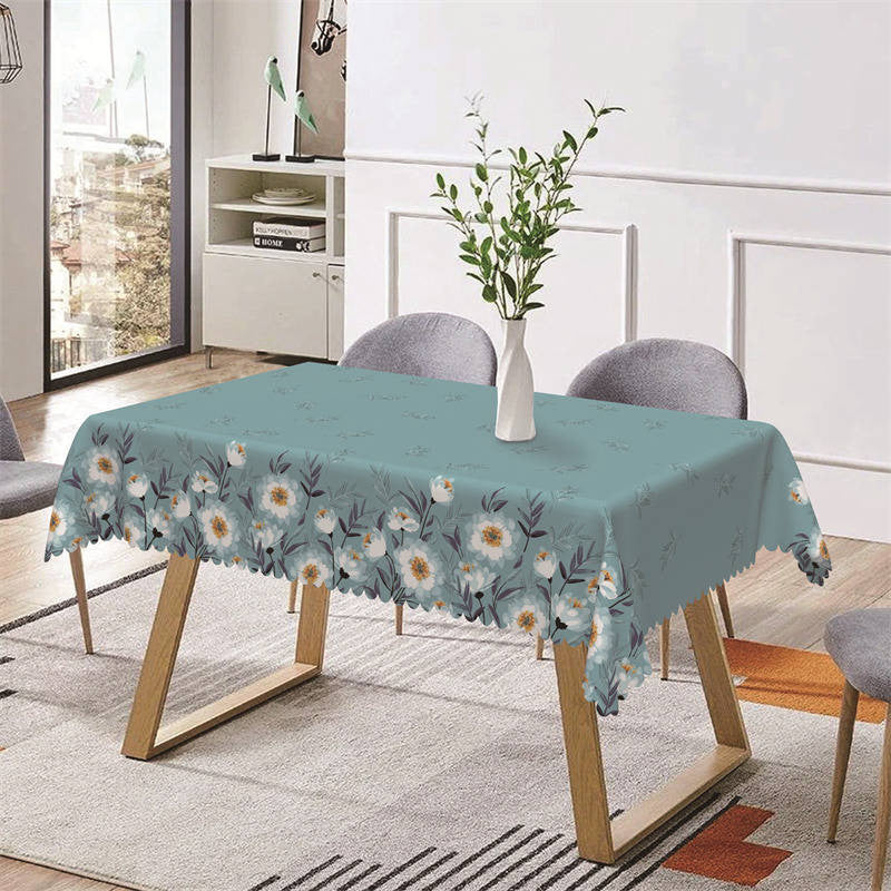 Aperturee - White Floral Green Leaves Repeat Rectangle Tablecloth