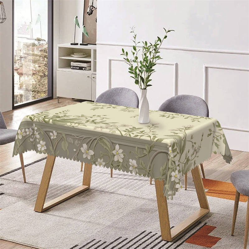 Aperturee - White Floral Green Vine Spring Rectangle Tablecloth