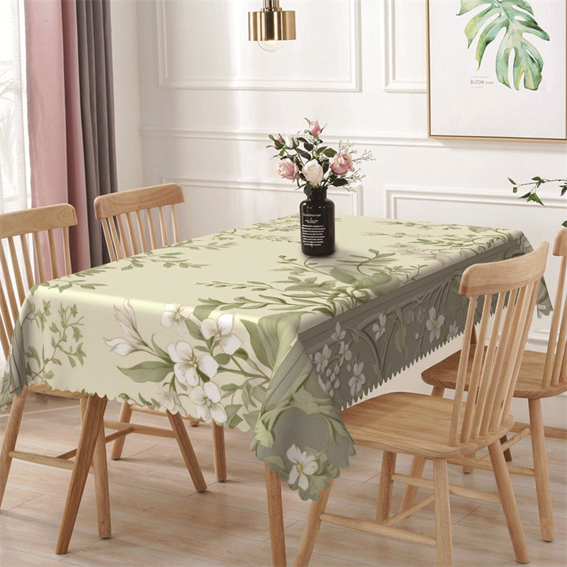 Aperturee - White Floral Green Vine Spring Rectangle Tablecloth