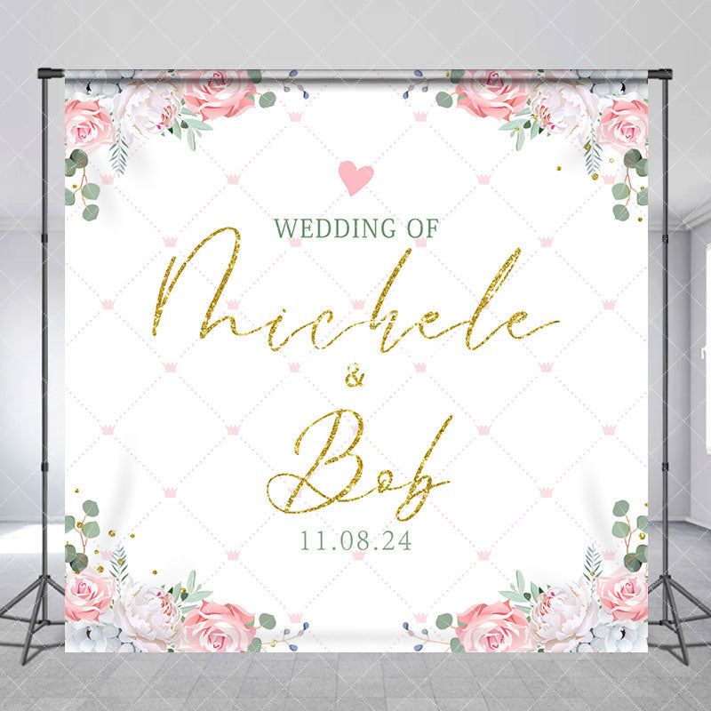 Aperturee - White Floral Leaves Custom Name Wedding Backdrop