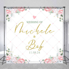 Aperturee - White Floral Leaves Custom Name Wedding Backdrop