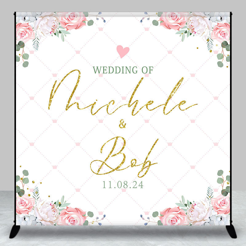 Aperturee - White Floral Leaves Custom Name Wedding Backdrop