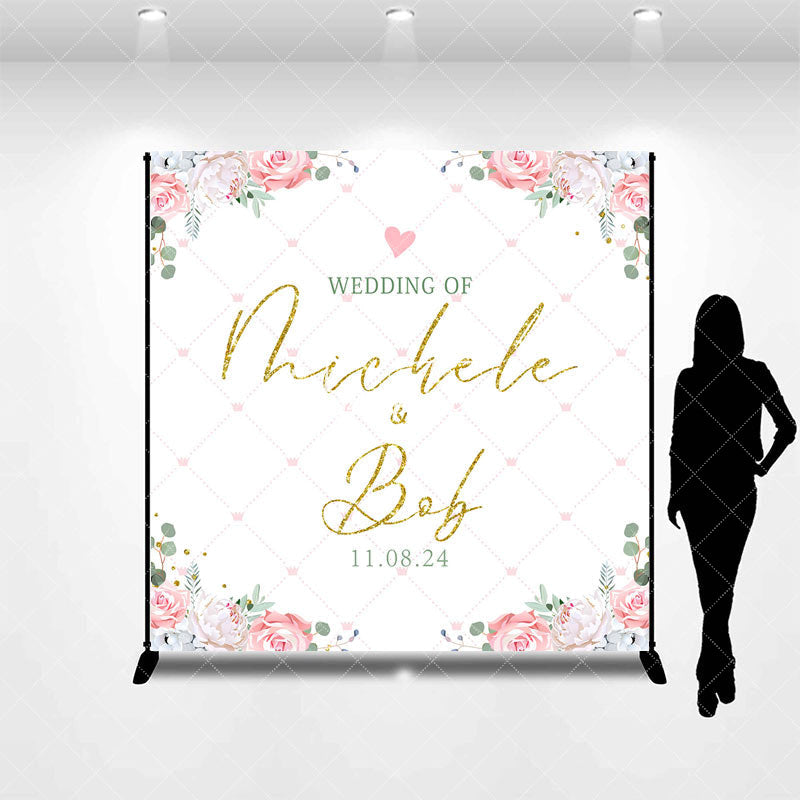 Aperturee - White Floral Leaves Custom Name Wedding Backdrop