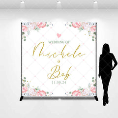 Aperturee - White Floral Leaves Custom Name Wedding Backdrop