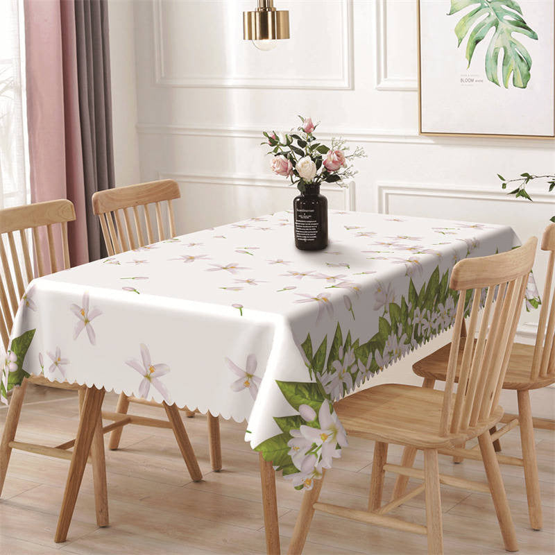 Aperturee - White Floral Leaves Simple Rectangle Tablecloth