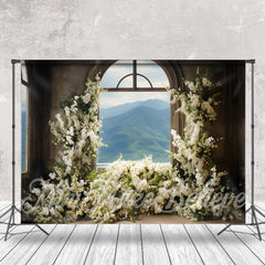 Aperturee - White Floral Window Mountain Retro Wall Backdrop