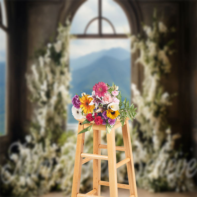 Aperturee - White Floral Window Mountain Retro Wall Backdrop