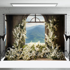 Aperturee - White Floral Window Mountain Retro Wall Backdrop