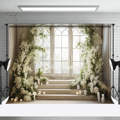 Aperturee - White Floral Window Stairs Candle Spring Backdrop