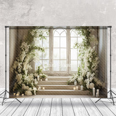 Aperturee - White Floral Window Stairs Candle Spring Backdrop