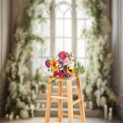 Aperturee - White Floral Window Stairs Candle Spring Backdrop