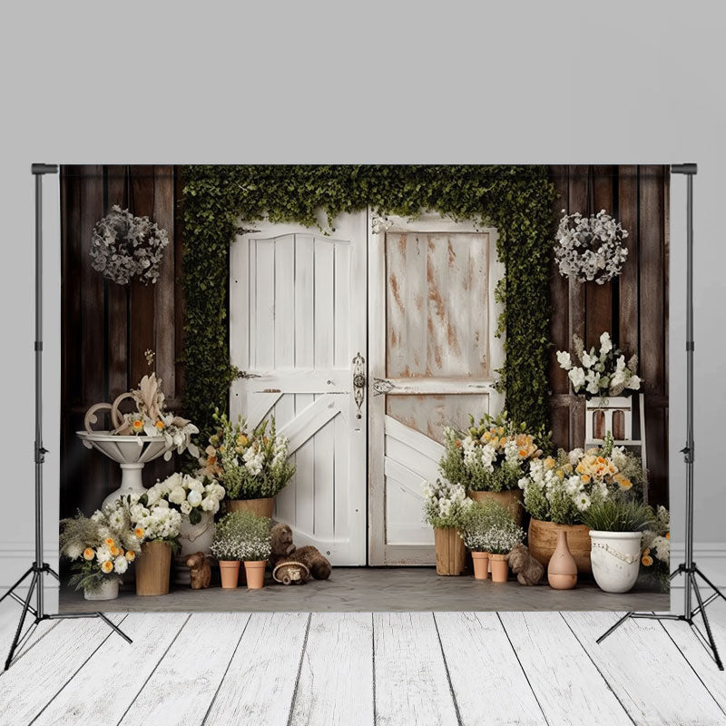 Aperturee - White Gate Green Leaves Floral Wood Birthday Backdrop