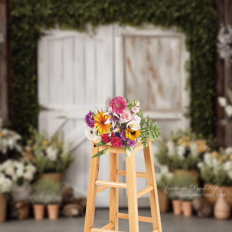 Aperturee - White Gate Green Leaves Floral Wood Birthday Backdrop