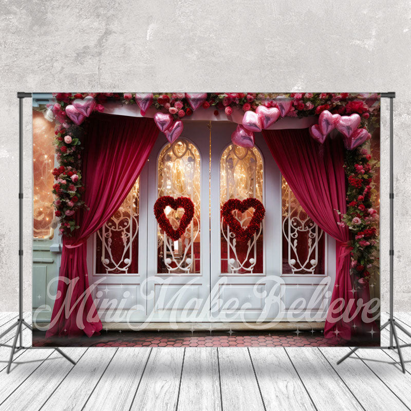 Aperturee - White Glass Door Floral Heart Valentine Day Backdrop