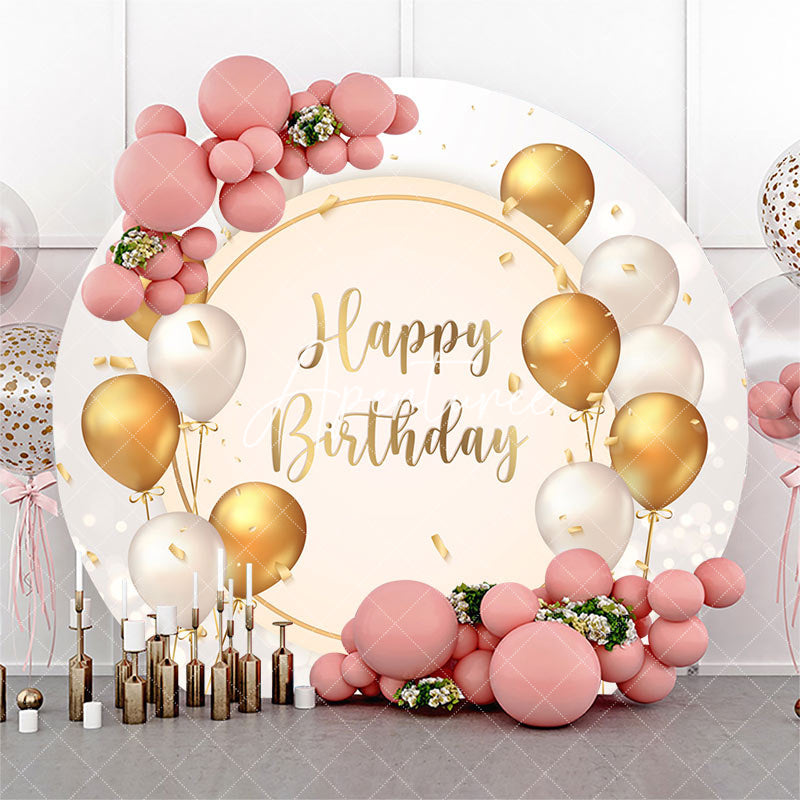 Aperturee - White Gold Balloons Round Happy Birthday Backdrop