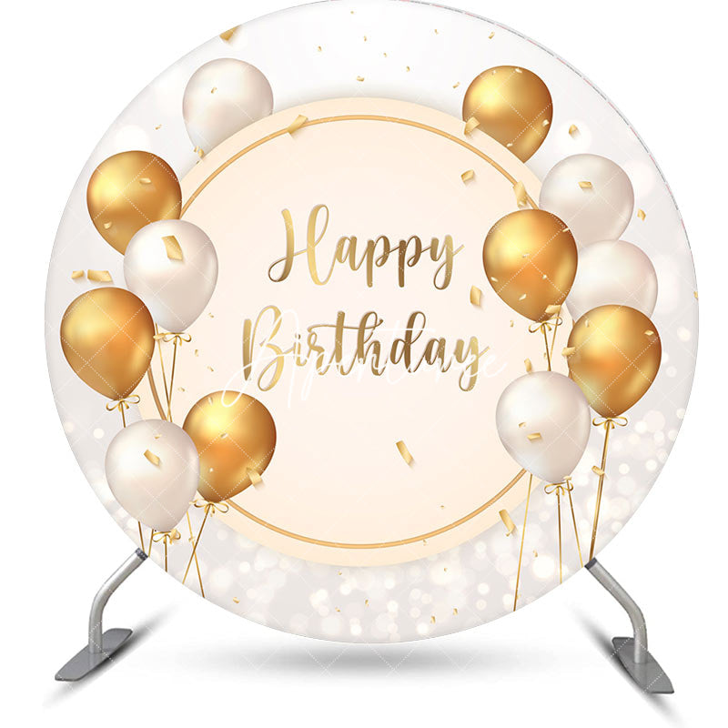 Aperturee - White Gold Balloons Round Happy Birthday Backdrop