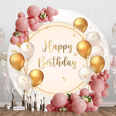 Aperturee - White Gold Balloons Round Happy Birthday Backdrop