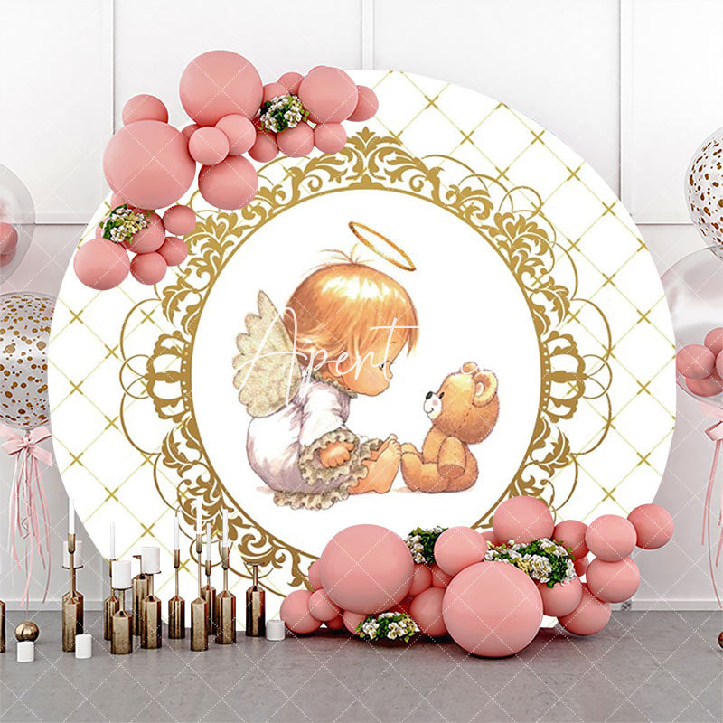 Aperturee - White Gold Bear Plaid Angel Baby Baptism Backdrop