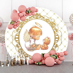 Aperturee - White Gold Bear Plaid Angel Baby Baptism Backdrop