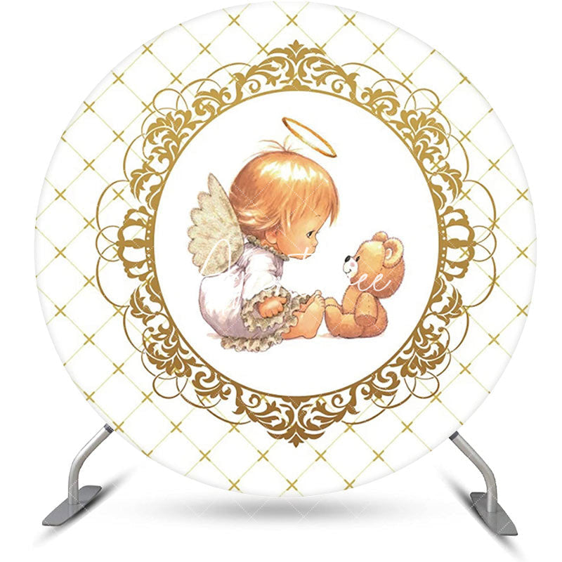 Aperturee - White Gold Bear Plaid Angel Baby Baptism Backdrop