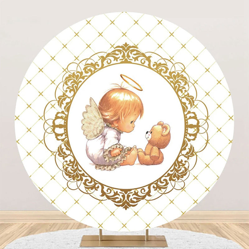 Aperturee - White Gold Bear Plaid Angel Baby Baptism Backdrop