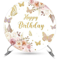 Aperturee - White Gold Floral Butterfly Round Birthday Backdrop