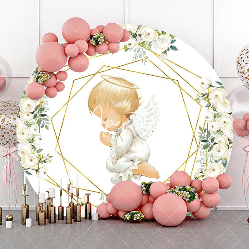 Aperturee - White Gold Floral Leaves Angel Baby Baptism Backdrop