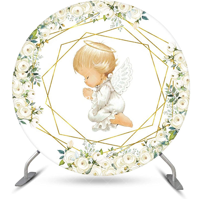 Aperturee - White Gold Floral Leaves Angel Baby Baptism Backdrop