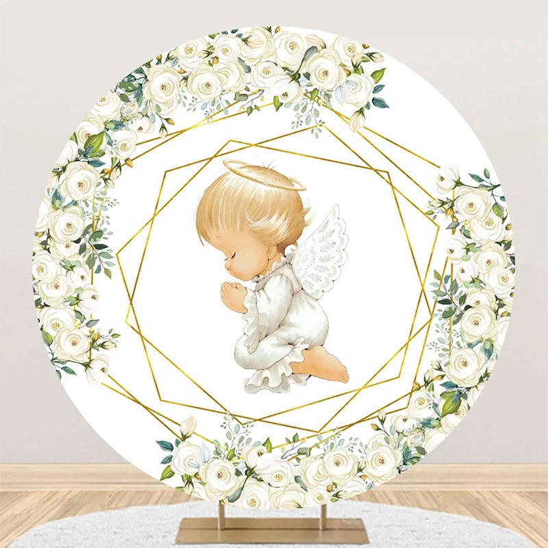 Aperturee - White Gold Floral Leaves Angel Baby Baptism Backdrop