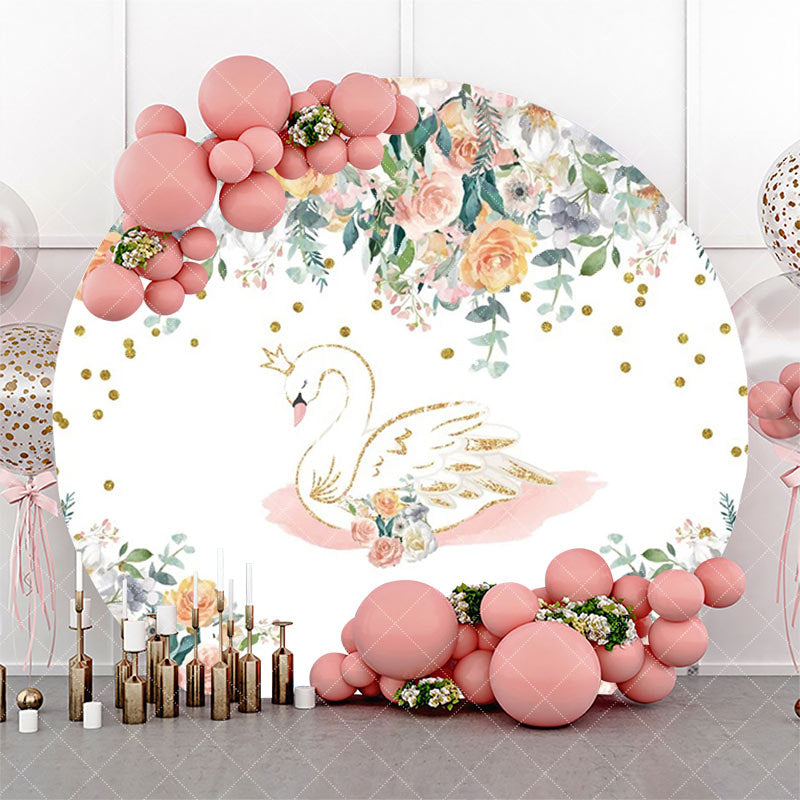 Aperturee - White Gold Floral Swan Round Backdrop For Birthday