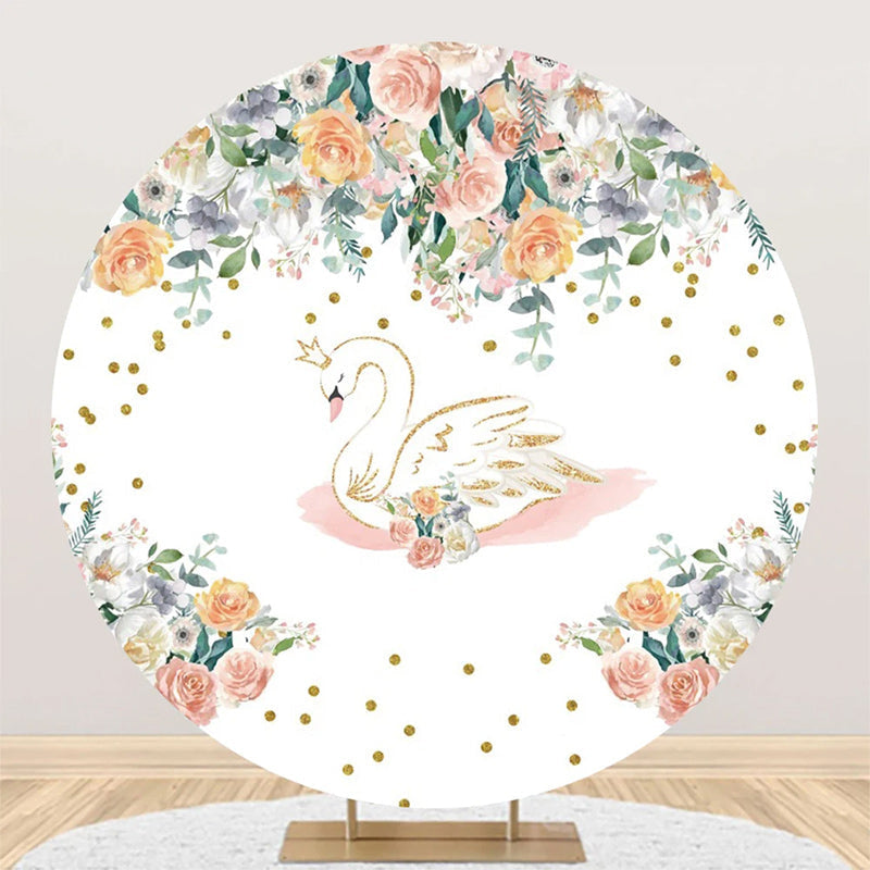 Aperturee - White Gold Floral Swan Round Backdrop For Birthday