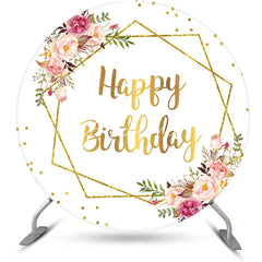 Aperturee - White Gold Glitter Floral Round Birthday Backdrop