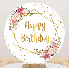 Aperturee - White Gold Glitter Floral Round Birthday Backdrop