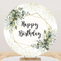 Aperturee - White Gold Glitter Leaves Round Birthday Backdrop