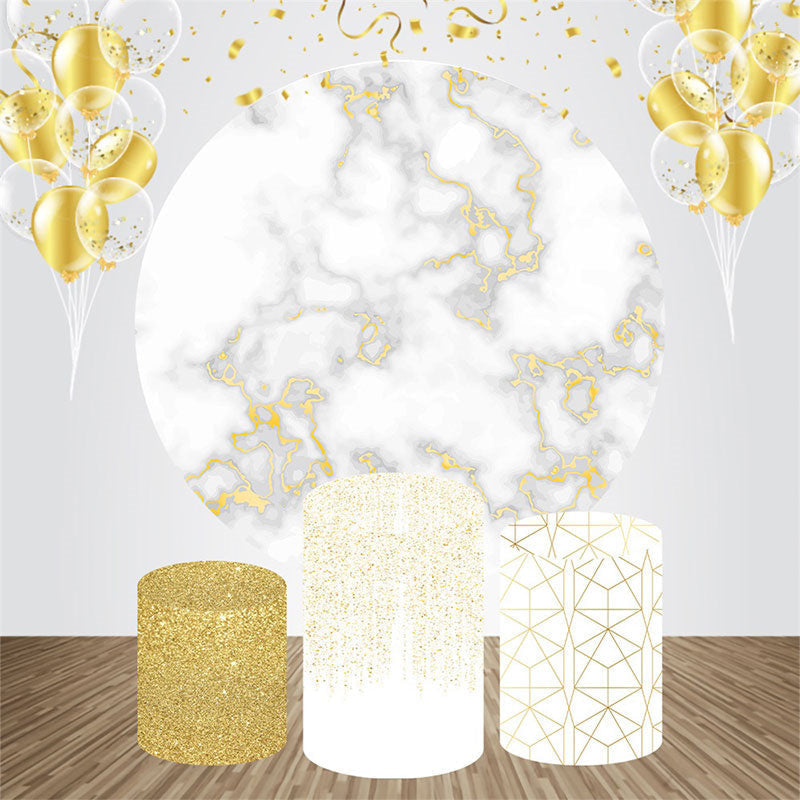 Aperturee - White Gold Glitter Round Happy Birthday Backdrop Kit